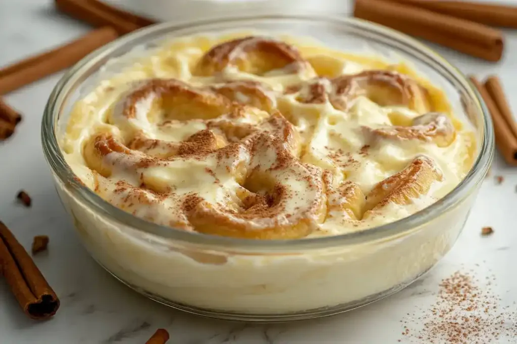 Cinnamon rolls soaking in egg custard in a baking dish.