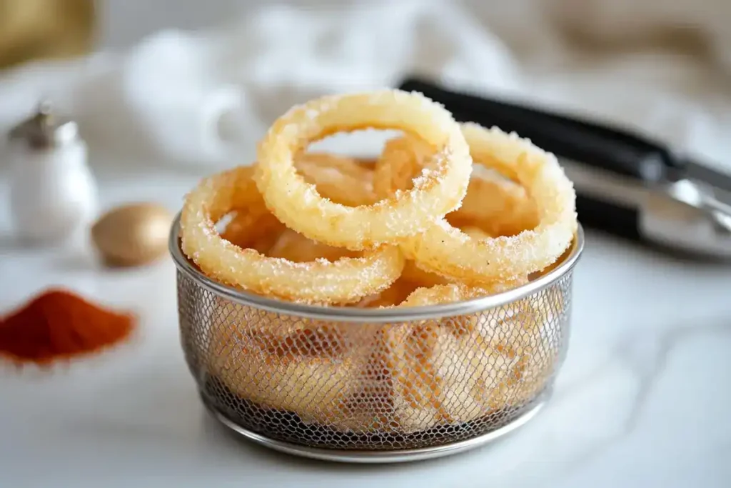 Frozen onion rings in air fryer basket before cooking.