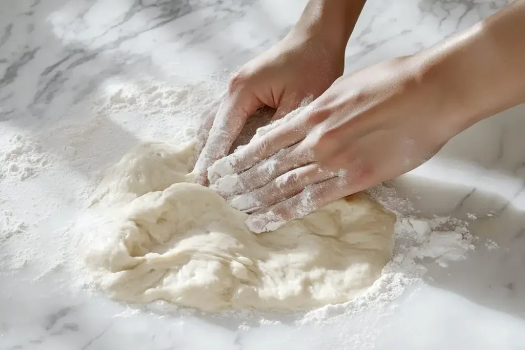 Kneading Artisan Italian Bread Dough on Marble