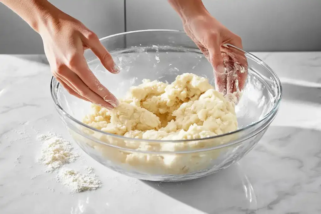 Hands mixing Bisquick dumpling dough in a glass bowl