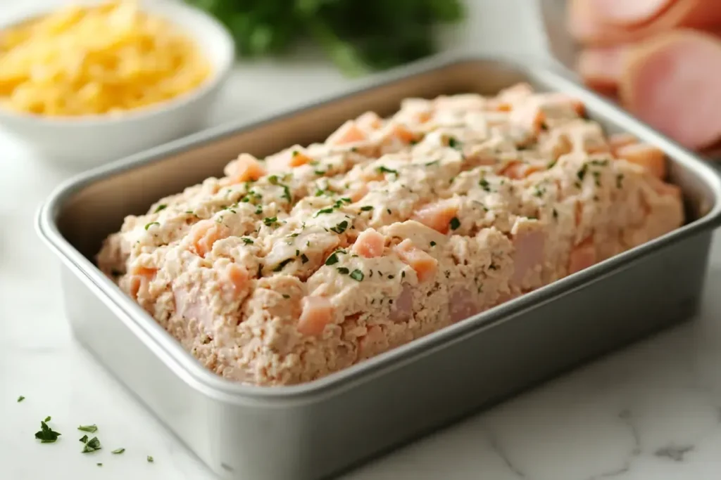 Ground chicken mixture in loaf pan with fresh ingredients