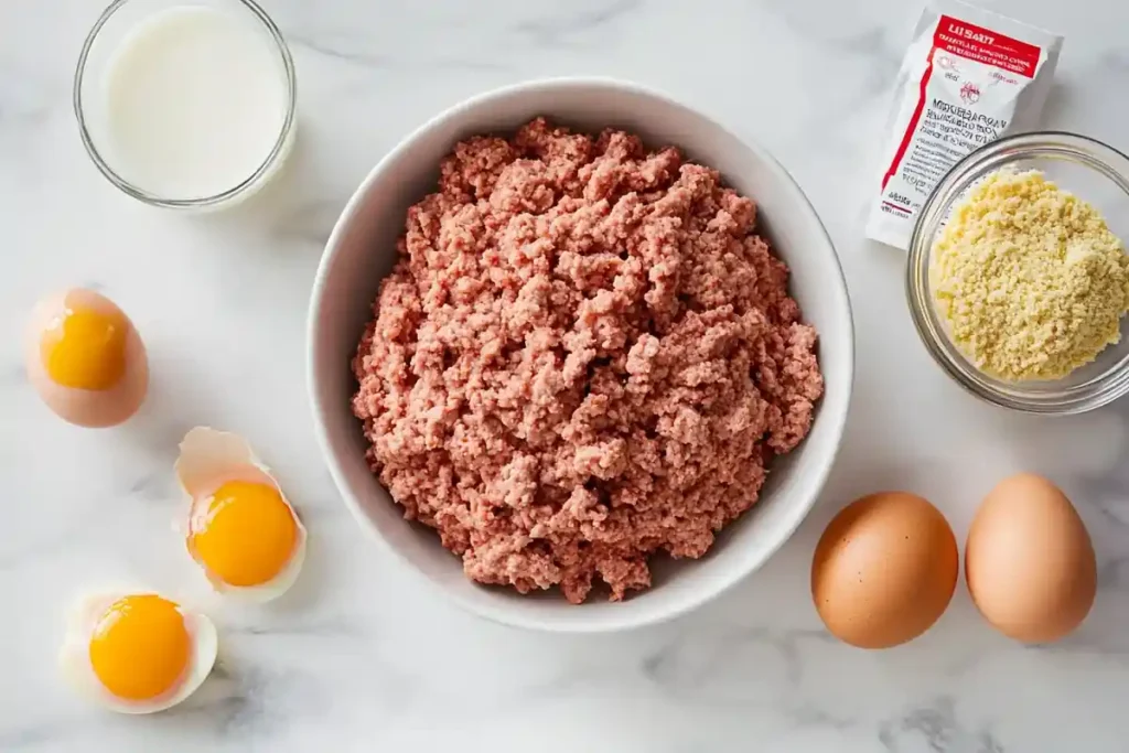 Ingredients for Lipton Onion Soup Meatloaf on marble counter