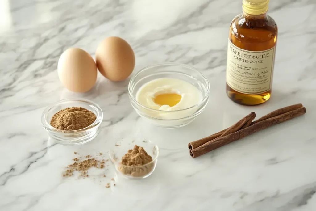 Ingredients for French toast custard on marble countertop