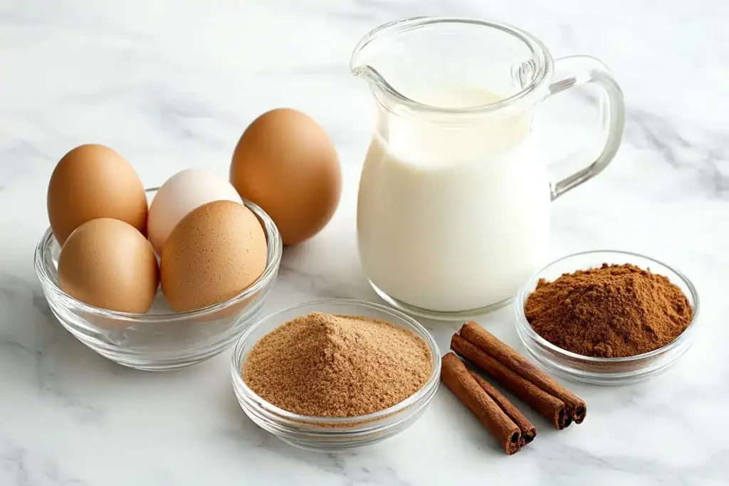 Custard ingredients for baked French toast on marble counter