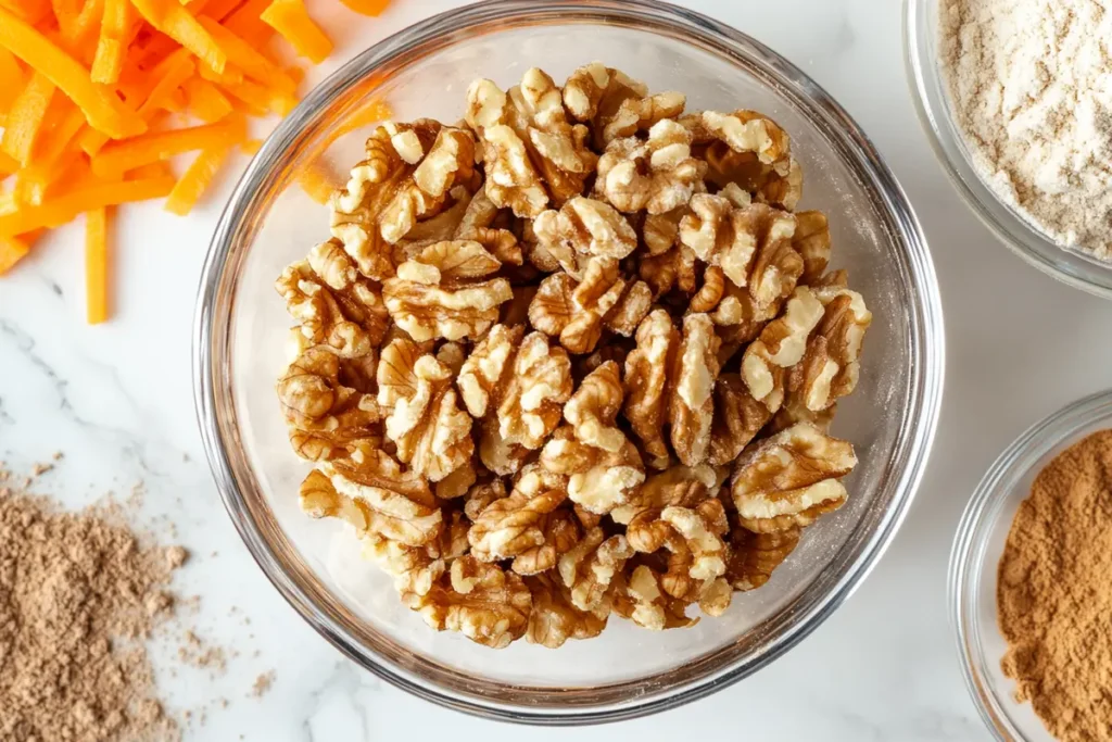 Baking ingredients, including walnuts and grated carrots, on marble