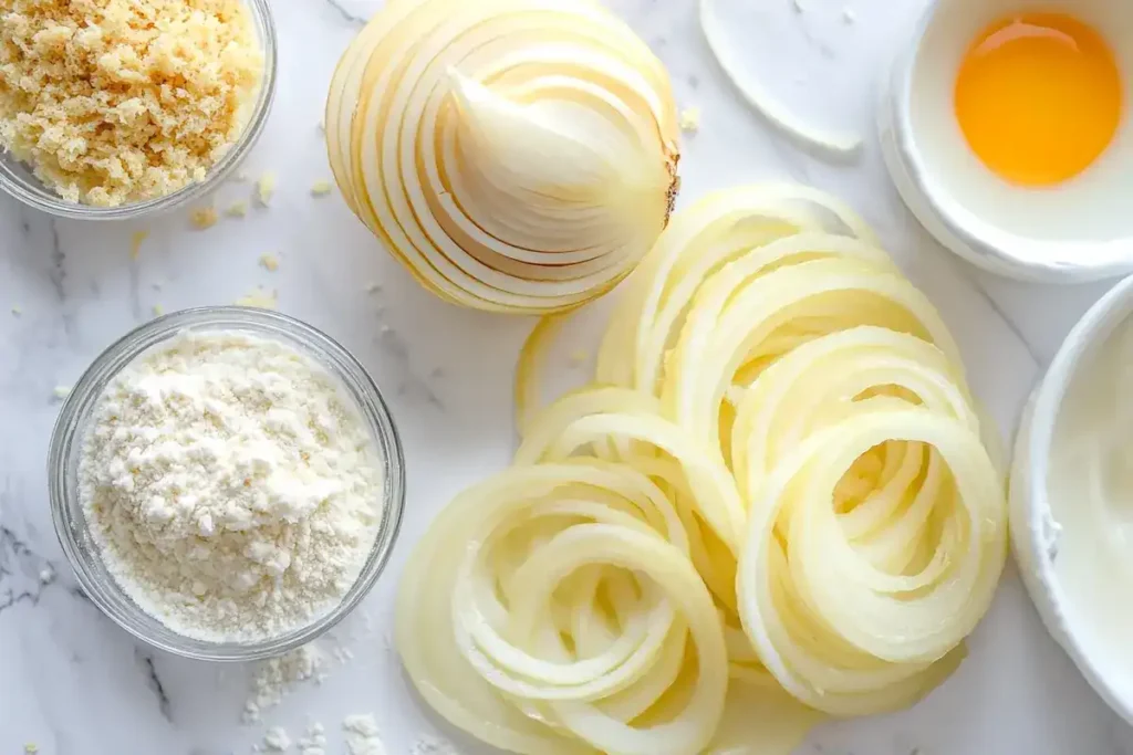 Sliced onions and coating ingredients on marble counter