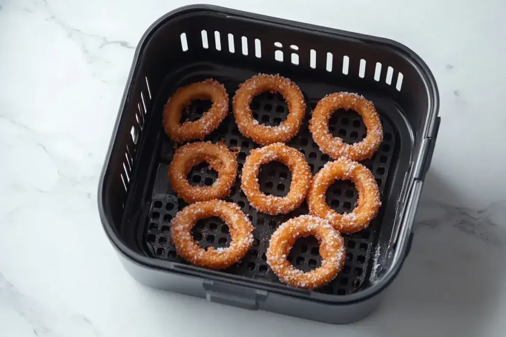 Frozen onion rings arranged in an air fryer basket
