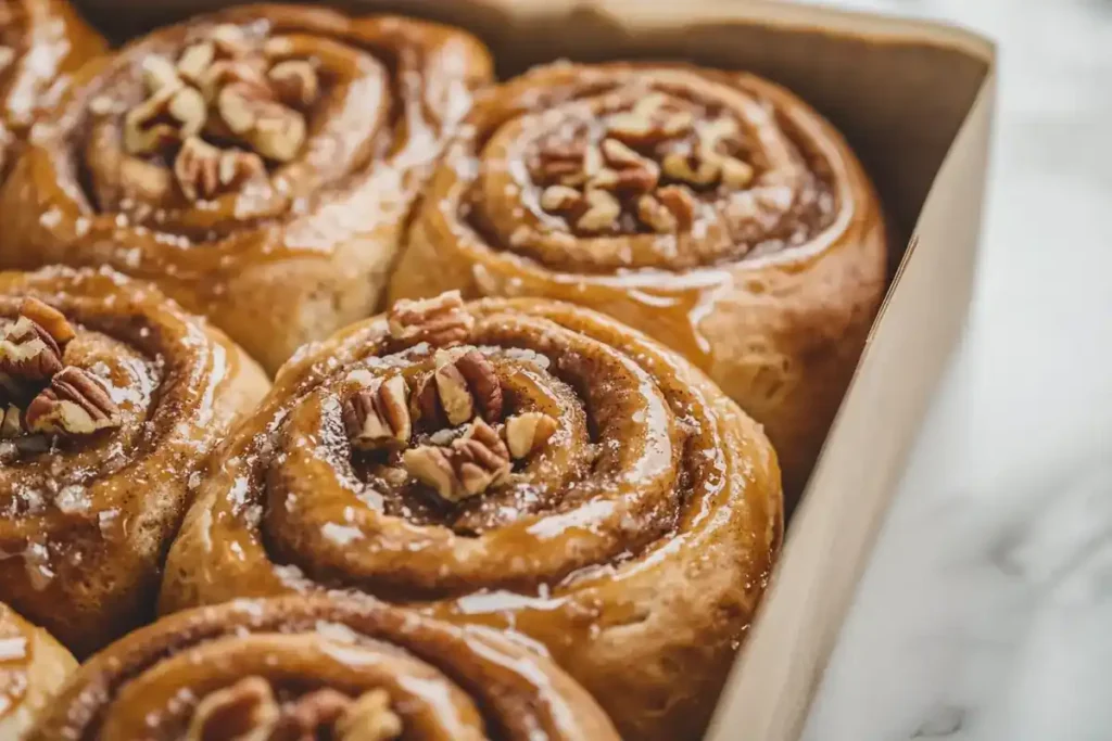 Caramel-glazed cinnamon buns with pecans in a baking pan