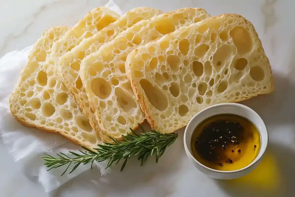 Sliced ciabatta bread with airy crumb on marble