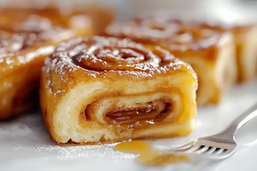 Close-up of cinnamon roll French toast slices with powdered sugar and syrup