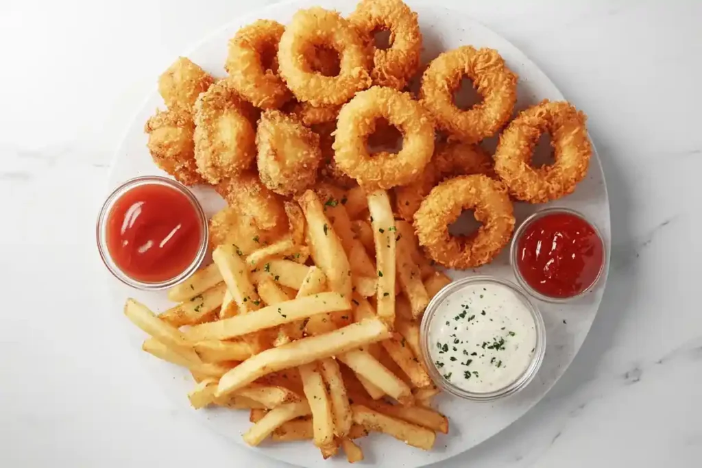 Frozen chicken nuggets cooking in an air fryer