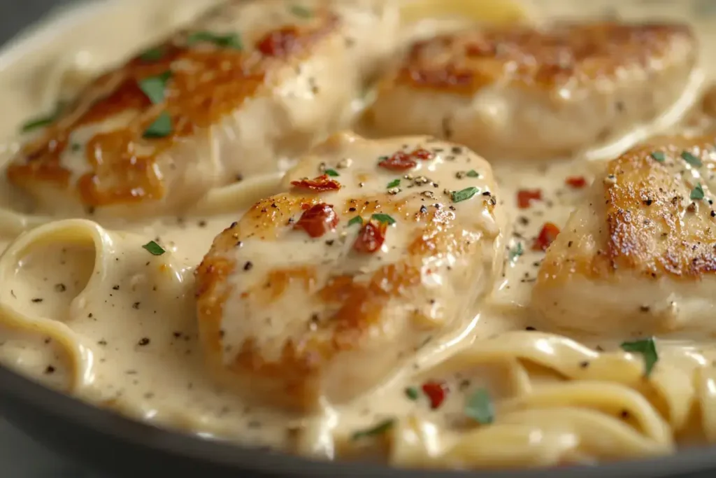 Creamy marry me chicken pasta in a skillet.