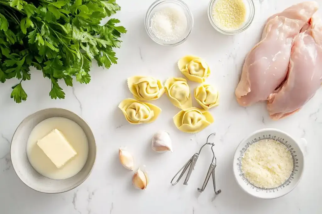  "Ingredients for chicken tortellini Alfredo on a marble countertop."