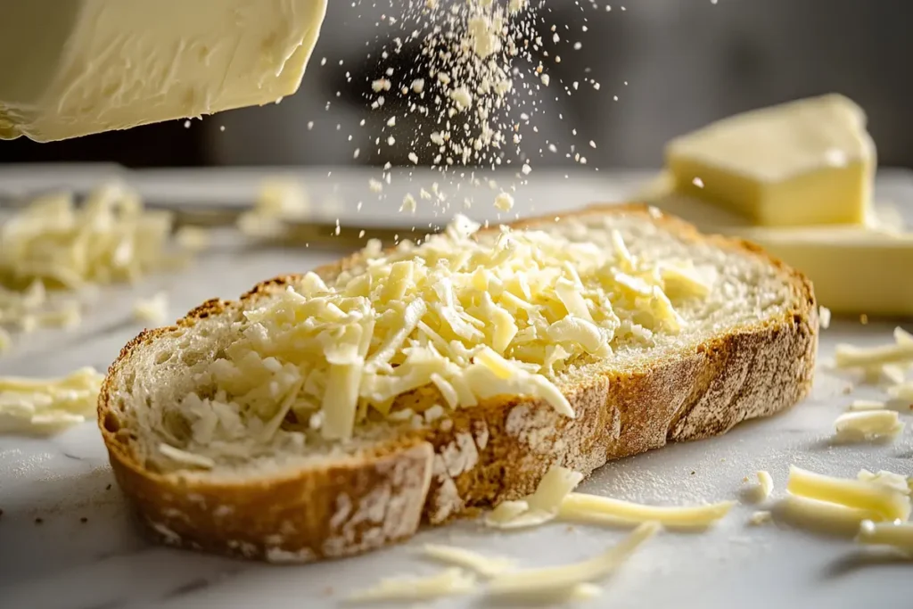 Buttered bread on a cutting board with shredded cheese