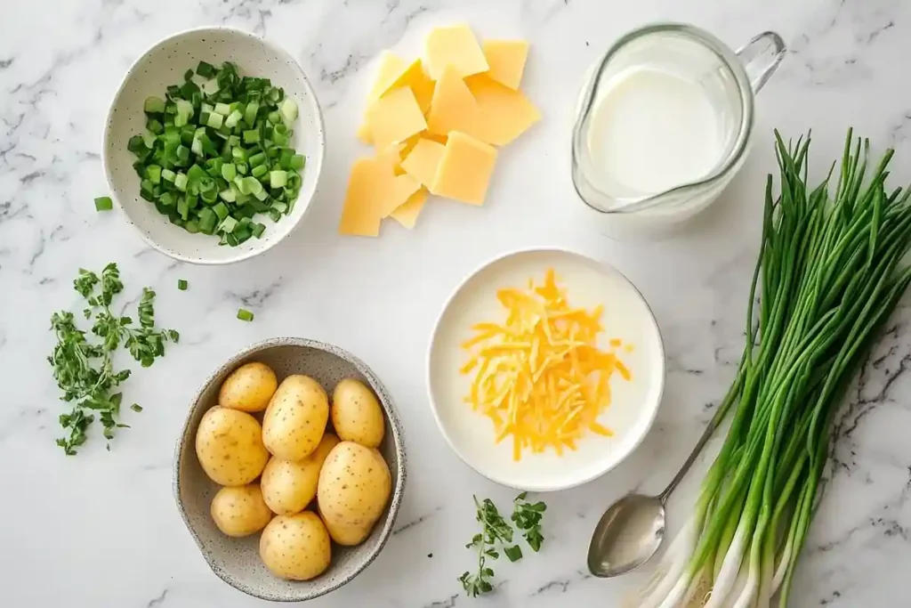 "Soup ingredients laid out on a white marble surface."