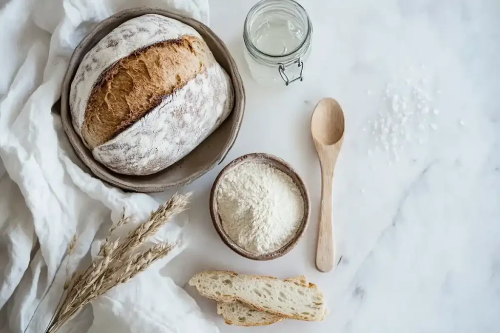 "Artisan bread ingredients on a marble surface with a wooden spoon."