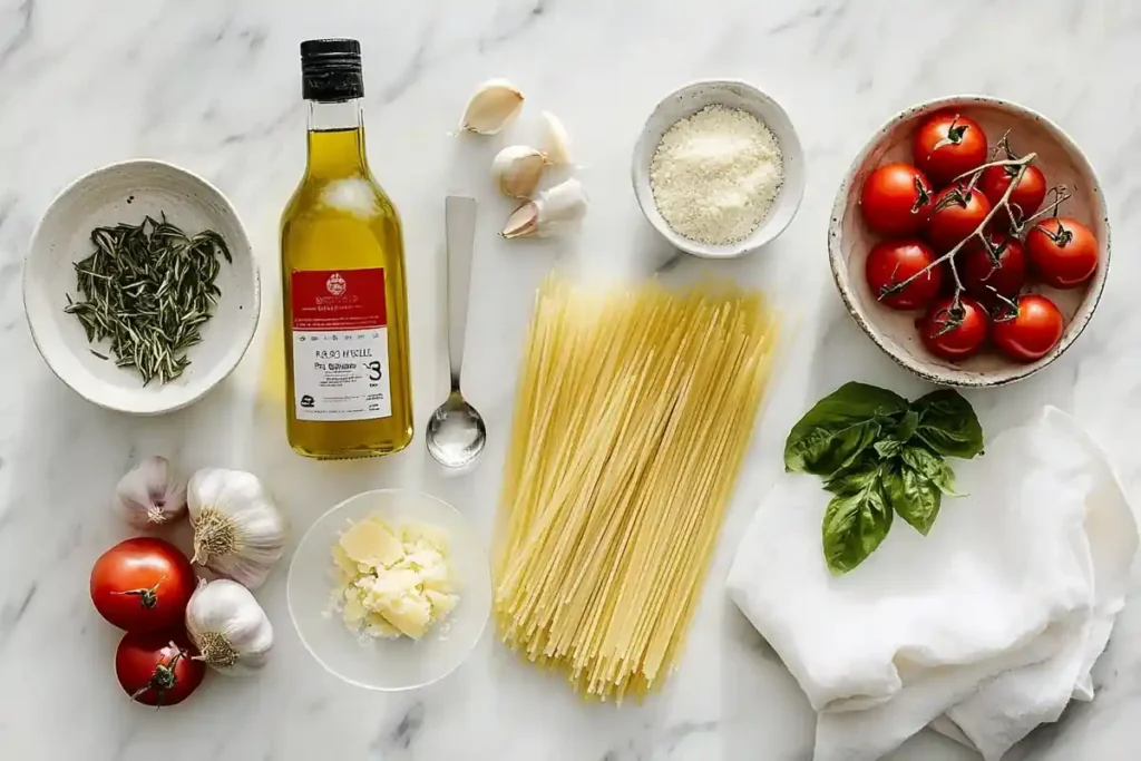 Fresh pasta ingredients laid out on a white marble surface