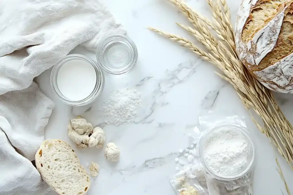 Artisan bread ingredients vs. white bread ingredients on a marble surface