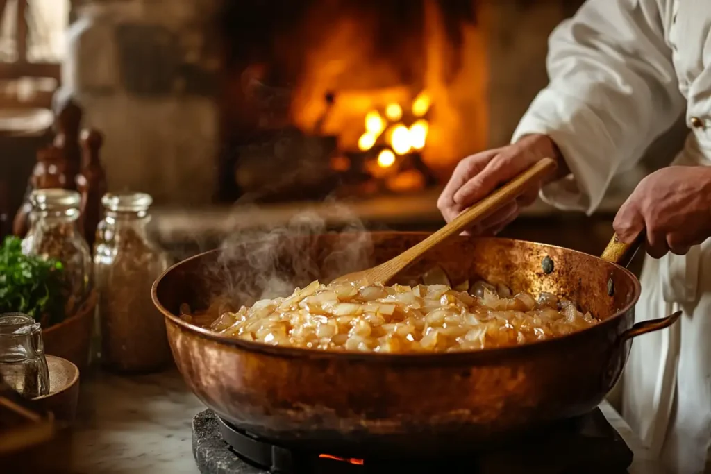 French chefs preparing onion soup in a traditional bistro