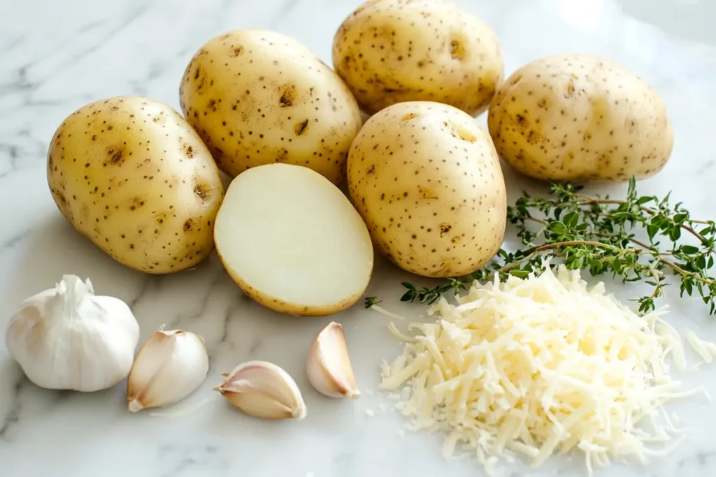 Fresh ingredients for potato soup arranged on a marble countertop.