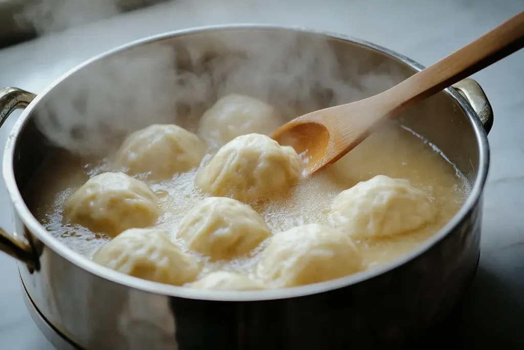 Dropping dumpling dough into soup