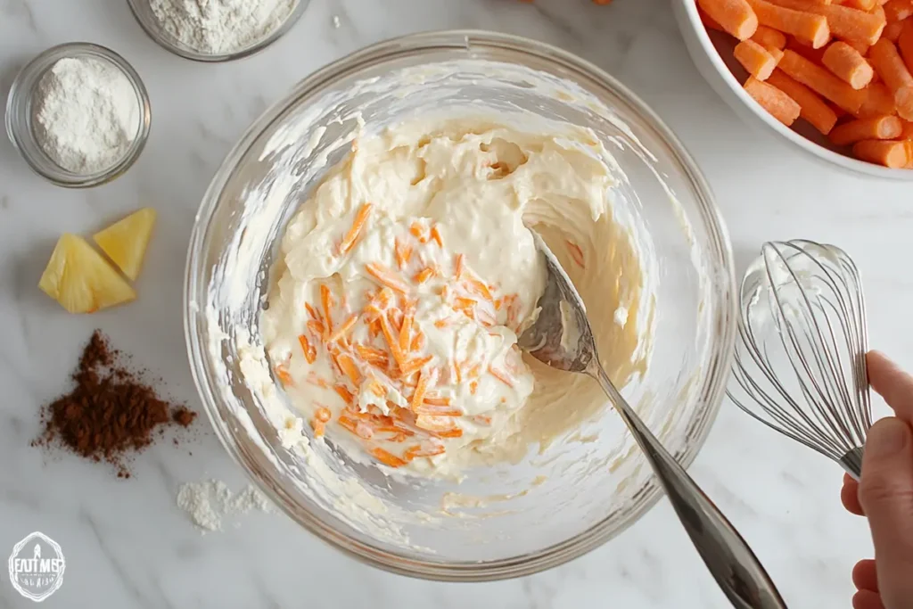 Mixing bowl with carrot cake batter and fresh ingredients on marble.