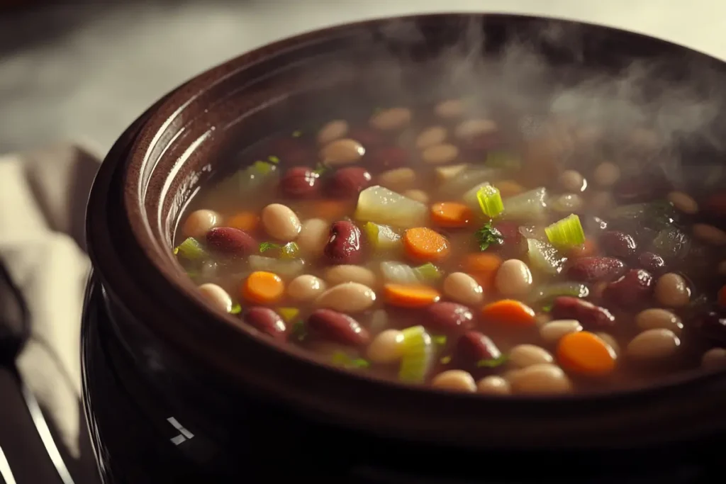 Close-up of a crock pot with simmering soup and fresh ingredients