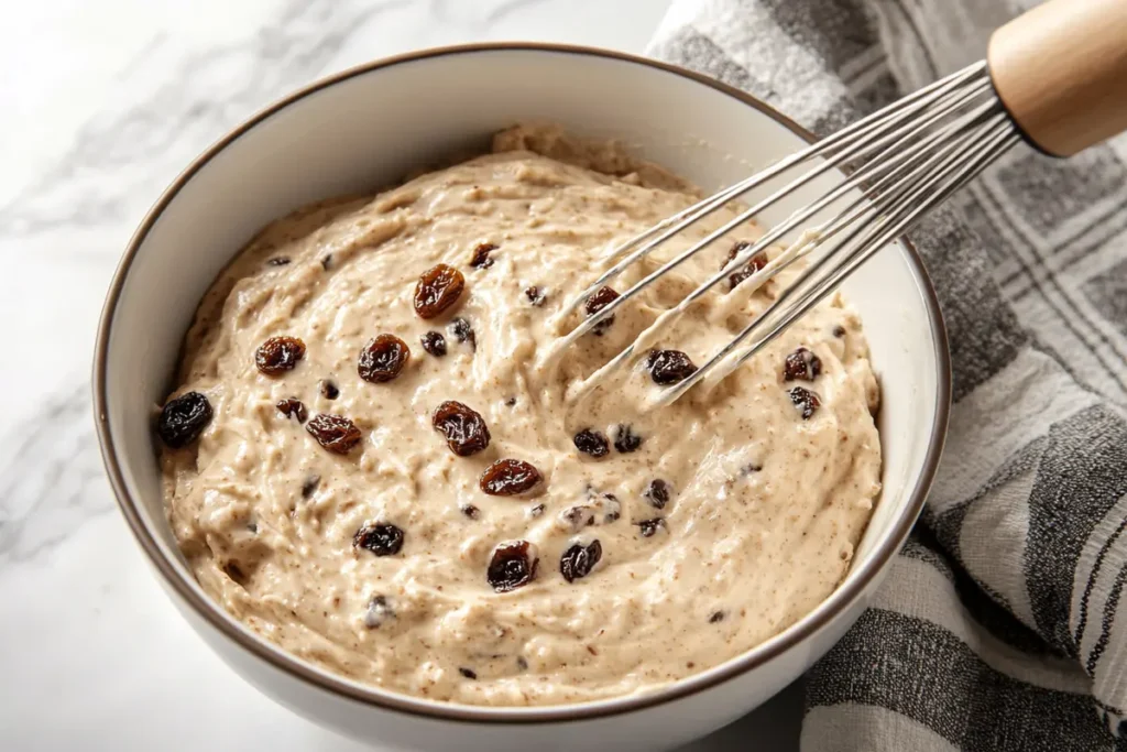 Mixing bowl with batter and raisins on a white marble countertop