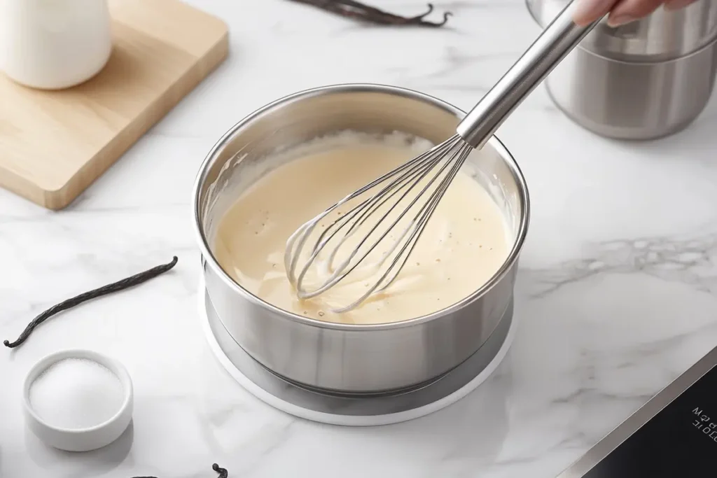 Whisking milk and cream in a saucepan on a white marble stove