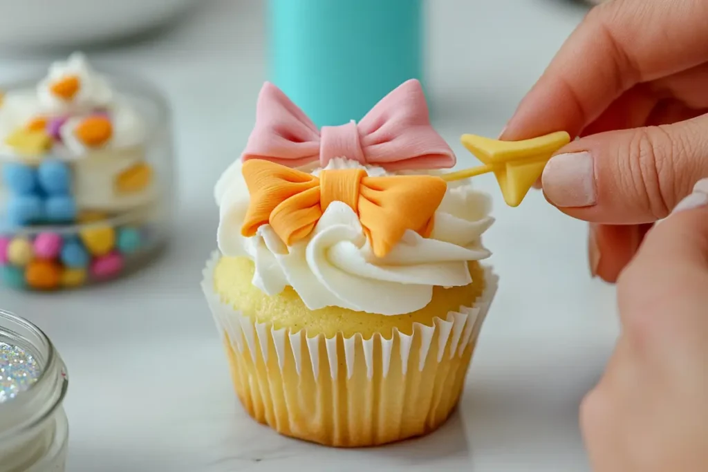 Hands decorating cupcakes with fondant bows on a white marble countertop