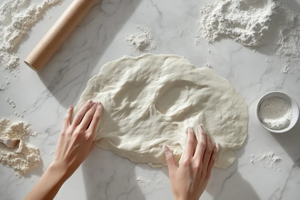 Hands kneading dough on a floured marble surface