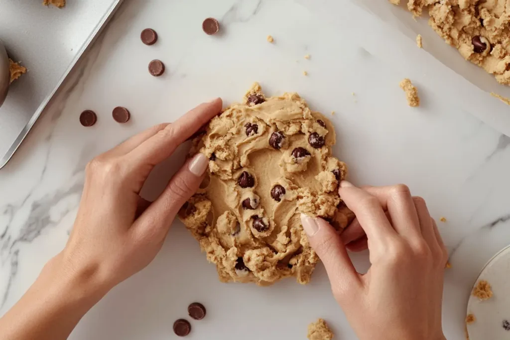 Hands shaping cookie dough on a marble surface