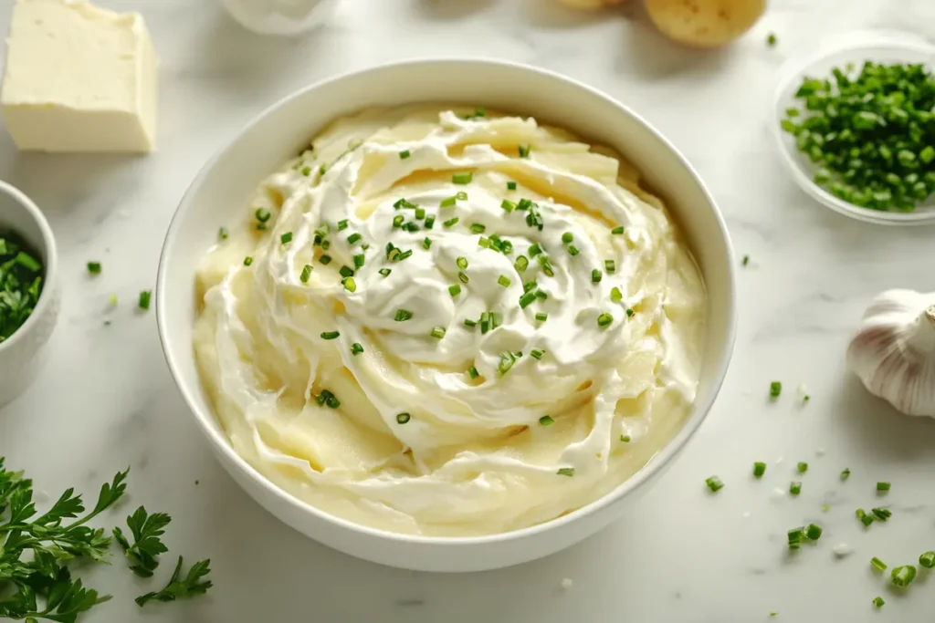 Potato soup with a swirl of heavy cream on a marble surface with dairy ingredients nearby