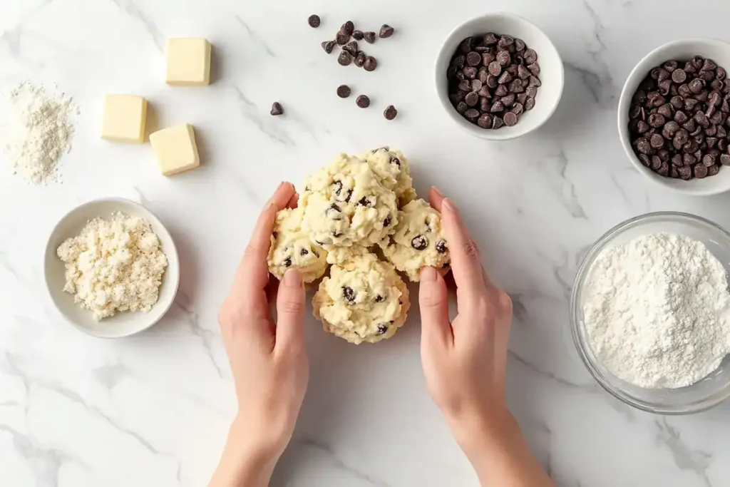 A baker shaping oversized Crumbl Cookie dough balls on a marble counter