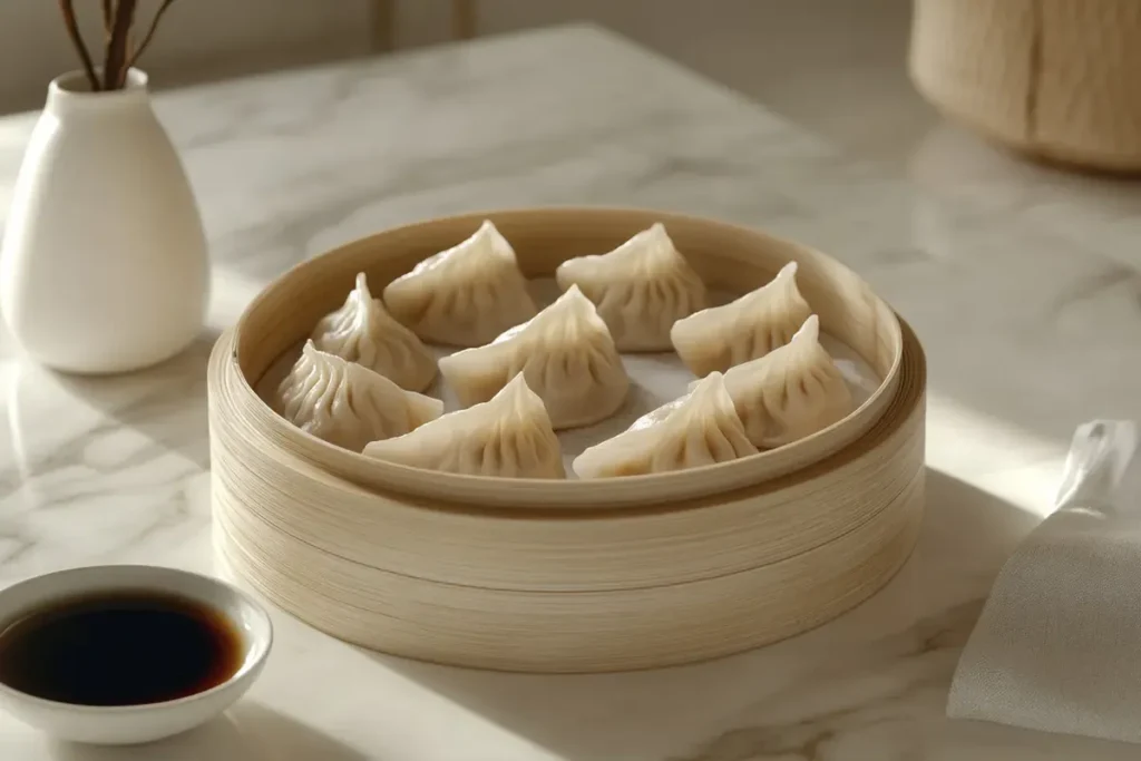 Steamed dumplings in a bamboo steamer with soy sauce on marble