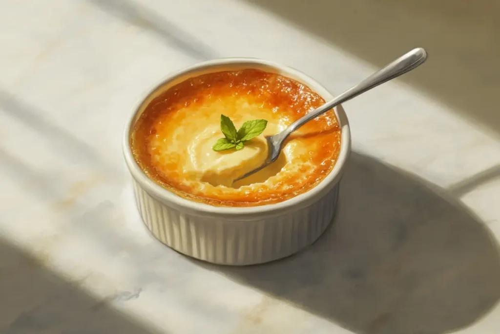 A spoon breaking through the caramelized sugar crust of crème brûlée