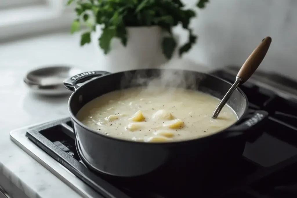 Pot of simmering potato soup on a modern stove with steam rising