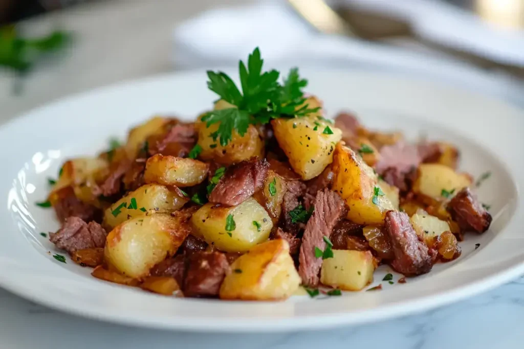 Corned beef hash served with parsley garnish