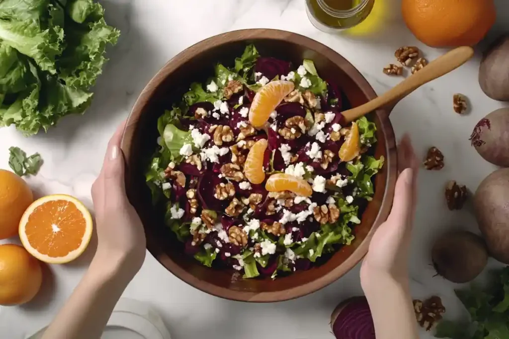 Tossing beetroot salad in a wooden bowl