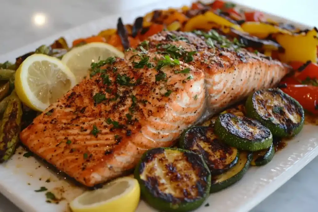 Grilled salmon with a side of roasted vegetables