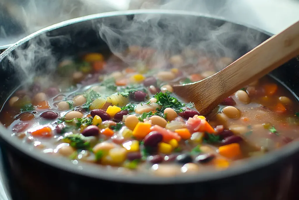 Simmering pot of soup with steam rising