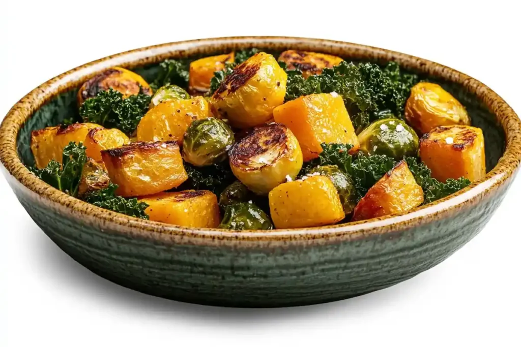 Seasonal roasted vegetables in a rustic dish on white marble.