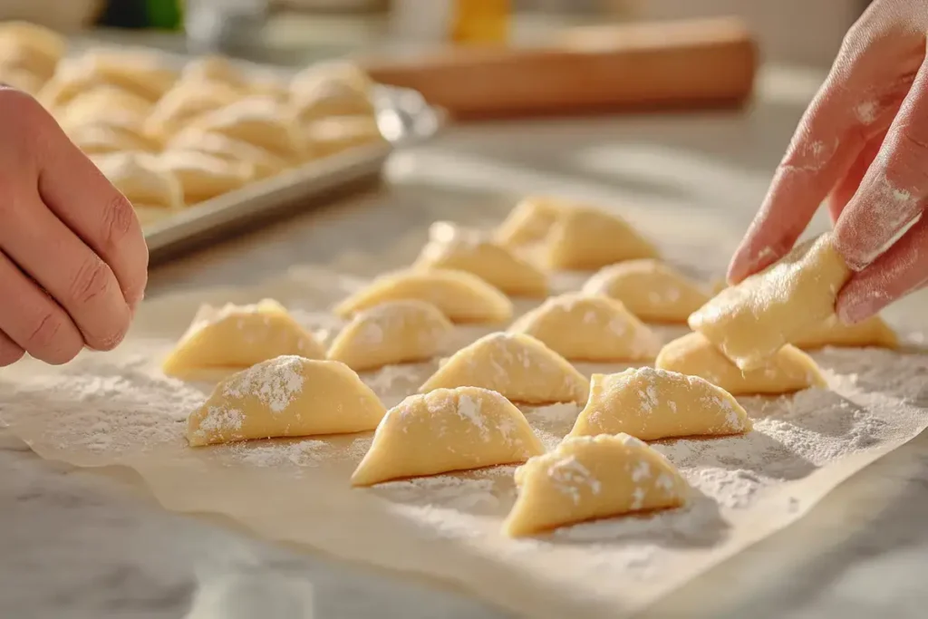 Shaping Gipfeli dough on a marble countertop