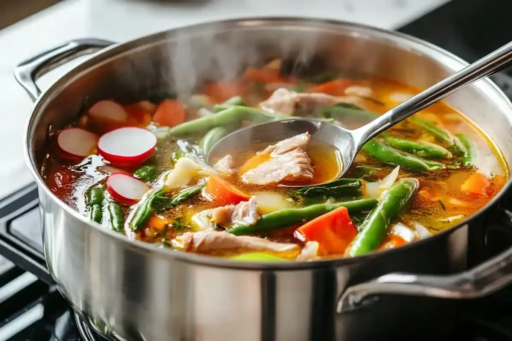 Pot of Sinigang soup simmering with vegetables and meat