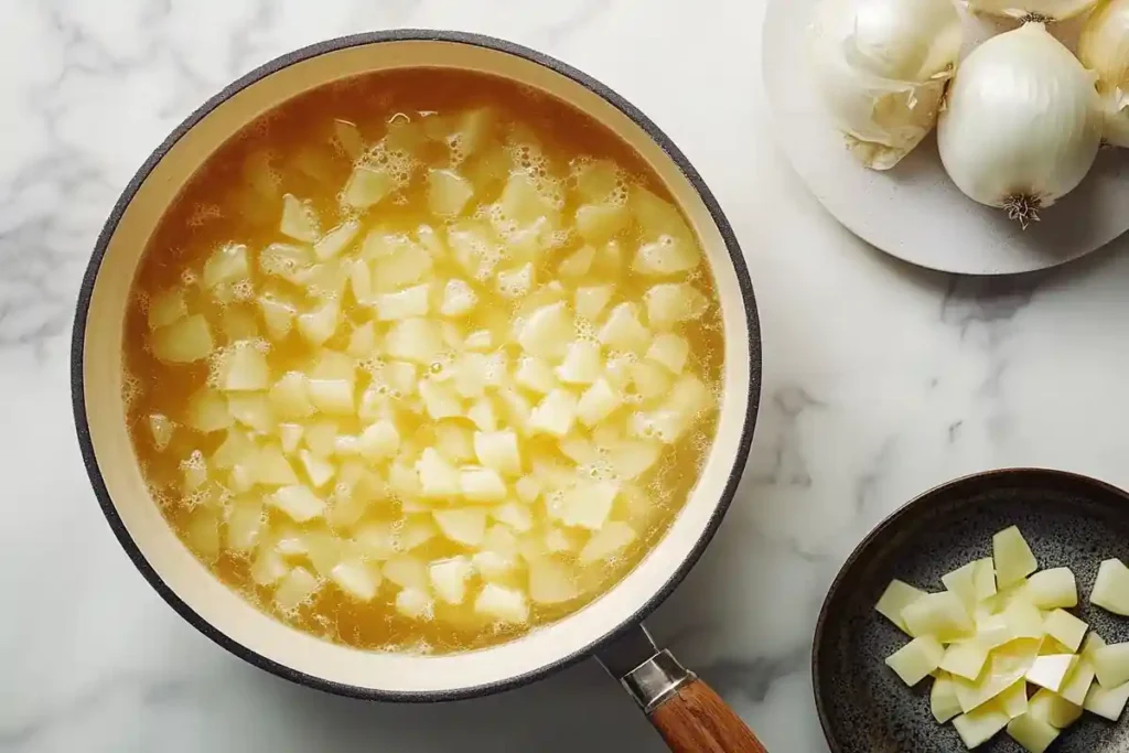 Potatoes and onions simmering in a pot with steam rising, set on a white marble backdrop.
