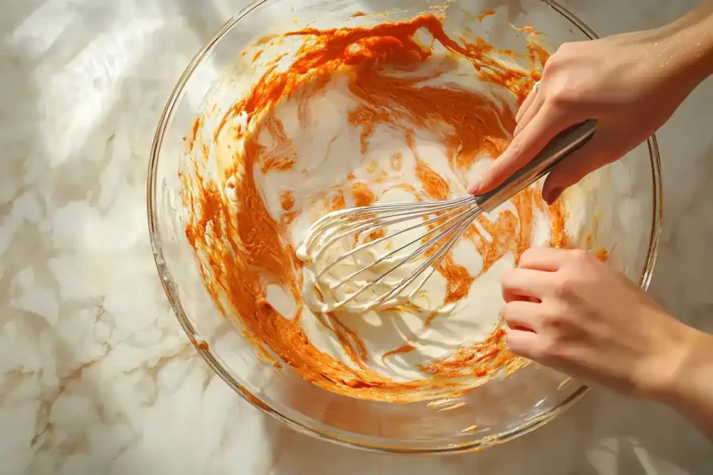 Mixing carrot cake batter with butter and oil on white marble