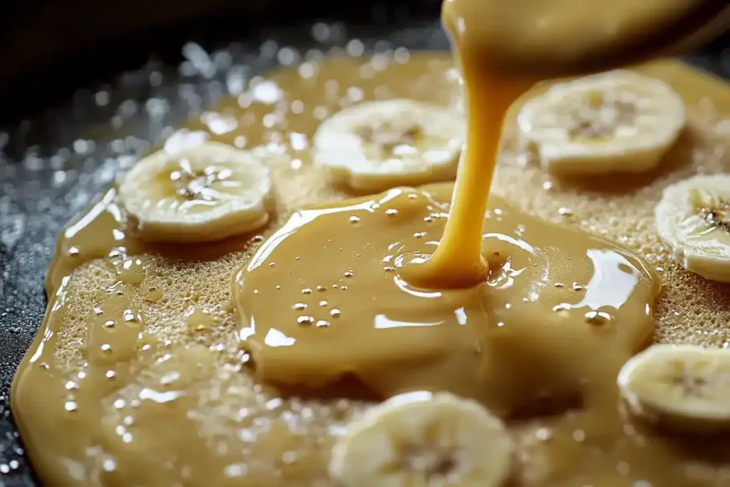 Banana pancake batter being poured onto a skillet