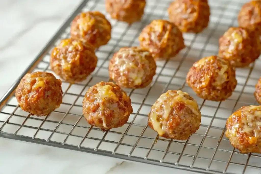 Sausage balls cooling on a rack over white marble.