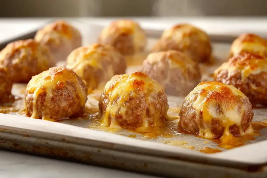 Freshly baked sausage balls on parchment paper with steam rising.