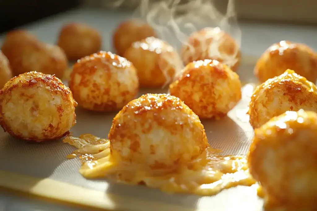 Golden sausage balls fresh out of the oven on silicone baking mat.